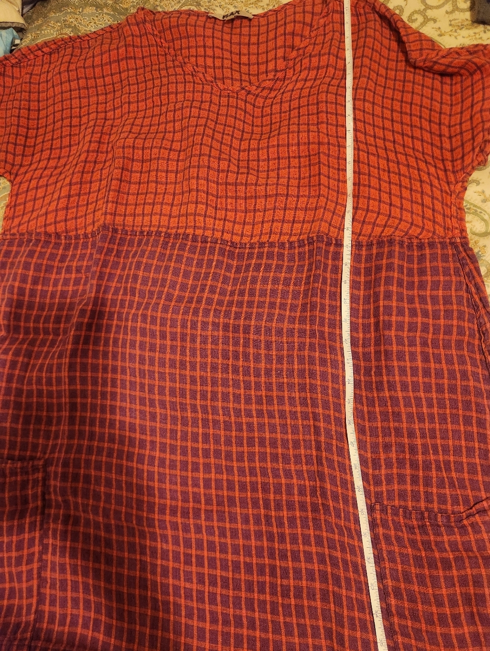 Flax Two-Tone Orange and Purple Checked Pockets Linen Midi Dress Sz. 2G B:54" - Picture 5 of 14
